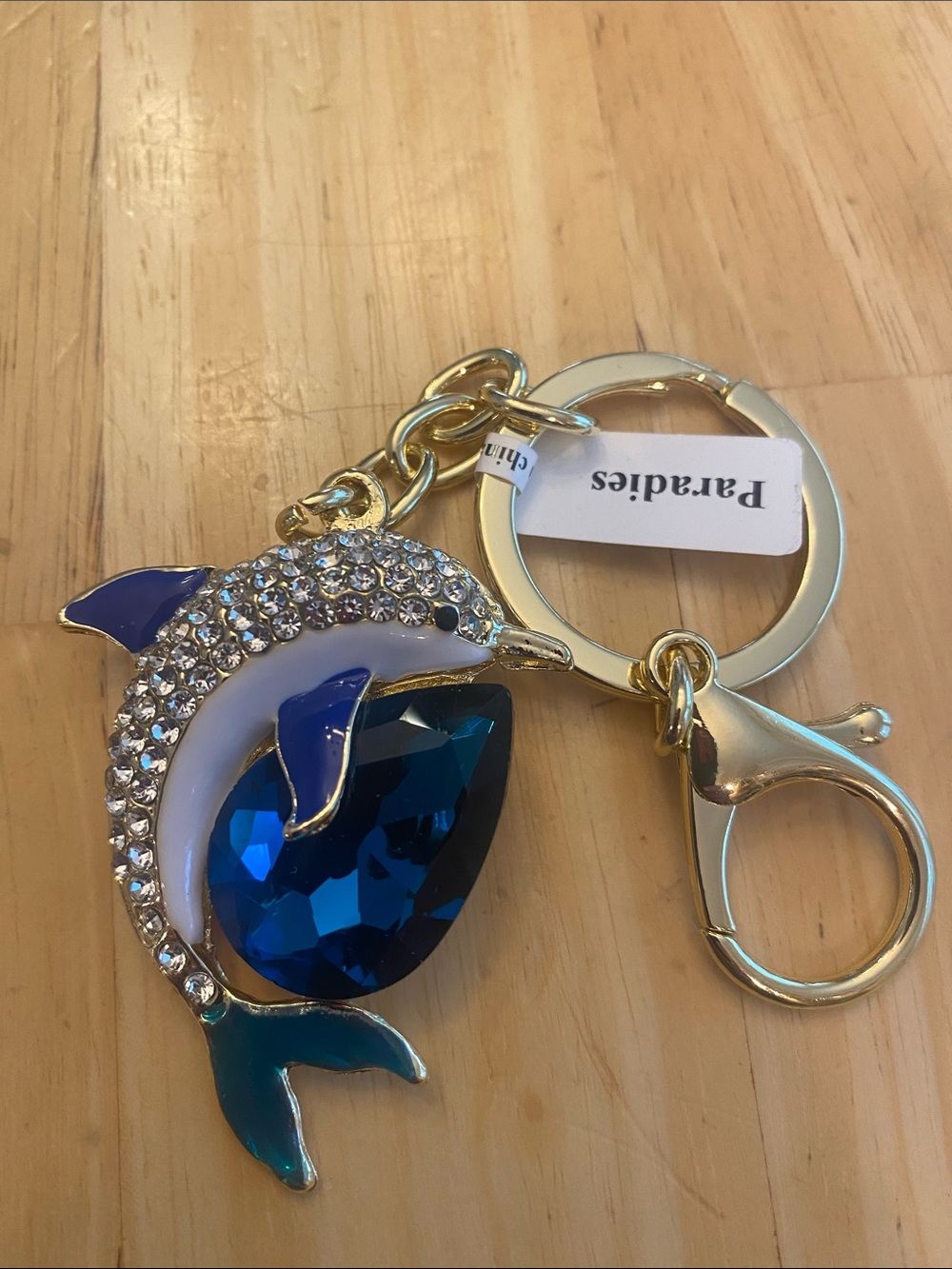 Crystal blingy Dolphin bag charm Keychain with Blue Gem NWT goldtone